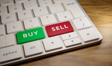 Satın al ve sat. Kapalı bilgisayar klavyesinde yeşil anahtarlar var ve kırmızıyla satılıyor. Çevrimiçi alışveriş, online komisyonculuk, online bankacılık, ticari faaliyet. 3B illüstrasyon.