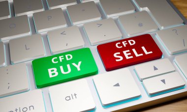 CFD (Farklılık Sözleşmesi) Ticaret - Borsa. CFD (Farklılık Sözleşmesi) ticareti için klavye. Çevrimiçi ticaret, CFD ticareti ve aracılık konsepti. 3B illüstrasyon