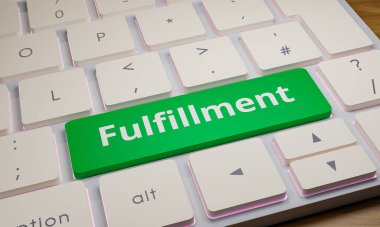 Fulfillment - Keyboard. White computer keyboard with one key in green and the word fulfillment. Order processing, delvering and industry concept. 3D illustration clipart