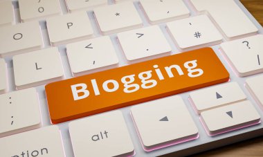 Bloglama - Blog tuşlu klavye. Kapalı bilgisayar klavyesi, bir anahtar turuncu. Bloglar, internet, yazılar, internet, para ve internet işleri. 3B illüstrasyon