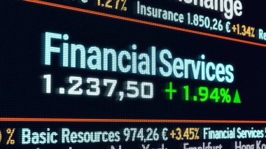 Finansal Hizmetler Bölümü, borsa ticaret katı. Borsa verileri, finans hizmetleri fiyatları ve yüzde değişiklikleri. Borsa, iş, ticaret. 3B illüstrasyon