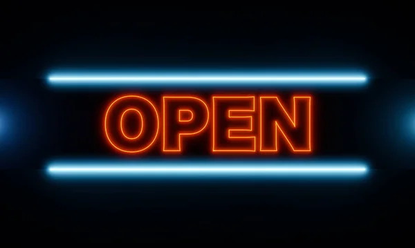 Otevřít Ceduli Neonový Nápis Otevřeným Slovem Osvětlené Oranžově Modře Obchodní — Stock fotografie