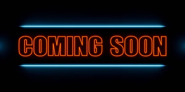 Coming soon, opening event. Neon sign with the text coming soon. Illuminated in blue and orange. Business, retail, shopping event and marketing concept. 3D illustration
