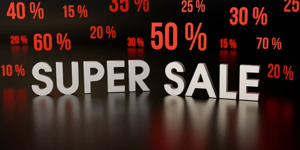 Супер Продаж Банер Підпис Срібні Блискучі Літери Оточені Різними Червоними — стокове фото