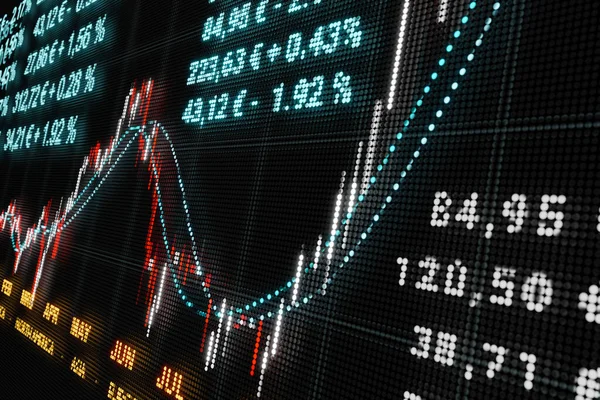 ライン チャート 株式市場データと証券取引所モニター キャンドルスティックグラフで取引画面 株式指数の上昇 ビジネス 株式市場と取引所 — ストック写真