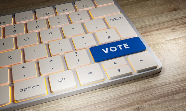 Vote - Keyboard with vote key. Close-up computer keyboard. One key is blue with the word vote.  Election concept. 3D illustration