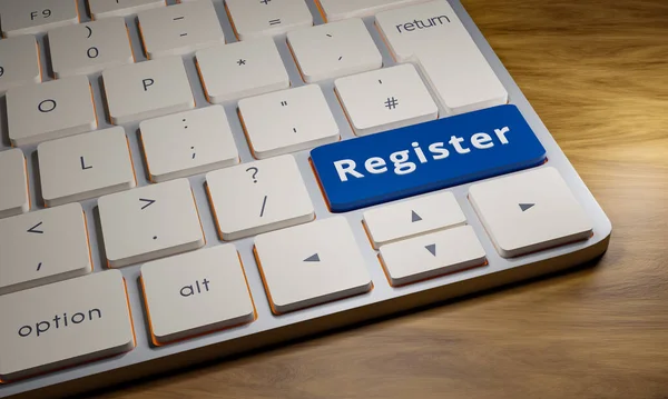 stock image Register - Keyboard with register key. Close-up computer keyboard. One key is blue with the word register. Registration and enrollment concept. 3D illustration