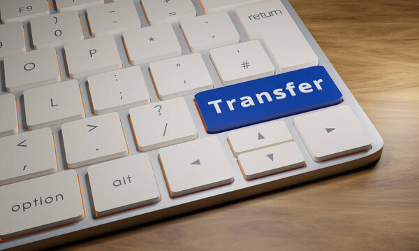 Transfer - Keyboard with transfer key. Close-up computer keyboard. One key is blue with the word transfer. Banking  and trading concept. 3D illustration