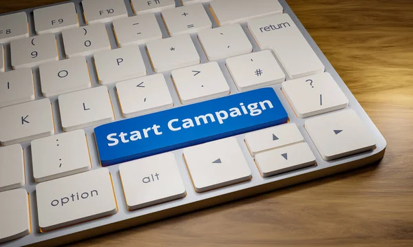Start Campaign - Keyboard with start campaign key. Close-up computer keyboard. One key is blue with the word start campaign. Business concept. 3D illustration