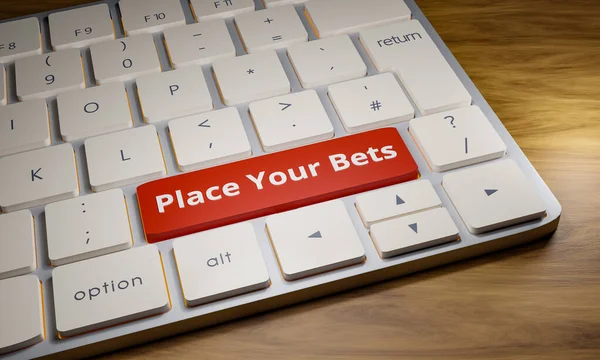 Place Your Bets- Keyboard with place your bets key. Close-up computer keyboard. One key is red with the word bet. Gambling and bet concept. 3D illustration