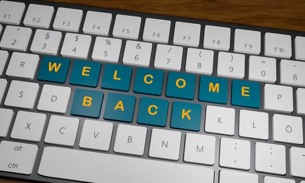 Welcome Back - Keyboard with welcome back keys. Close-up computer keyboard. Some keys are bluegreen with the text welcome back. Business and team concept. 3D illustration