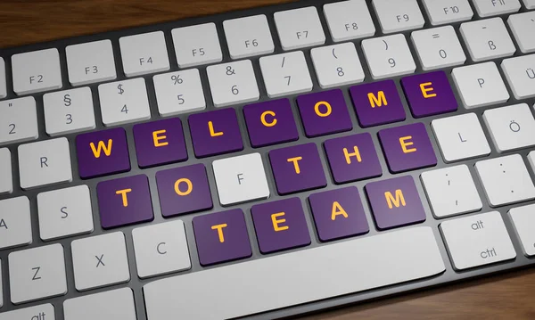 チームへようこそ チームキーへようこそキーボード コンピュータのキーボードを閉じる いくつかのキーは チームへようこそテキストと紫色です ビジネスとチームのコンセプト 3Dイラスト — ストック写真