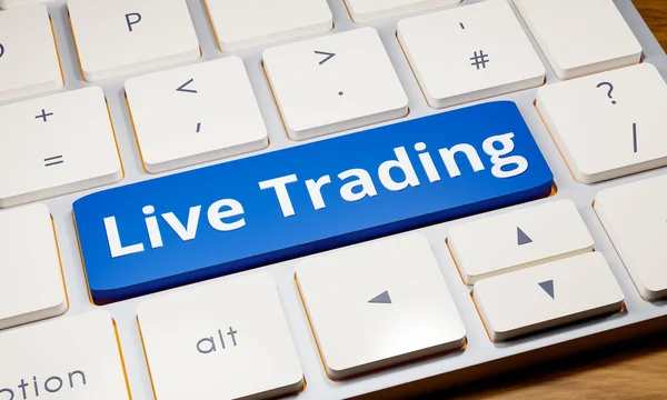 Live Trading - Online Broker. Computer keyboard, with a live trading key in blue. CFD trader, realtime trading, online broker, equity trading and banking concept. 3D illustration