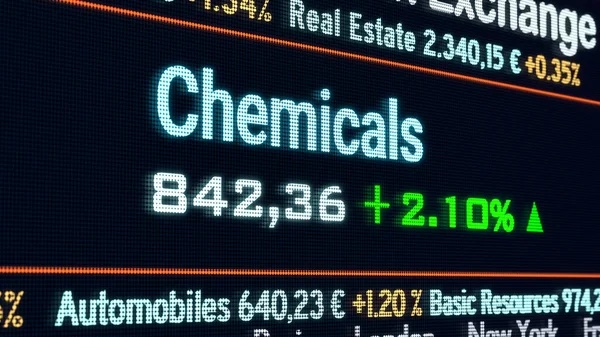 Chemicals sector, stock exchange trading floor. Stock market data, chemical price information and percentage changes. Stock exchange, business and trading. 3D illustration