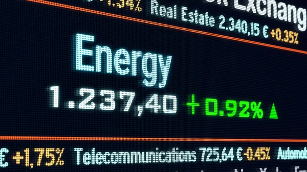 Energy sector, stock exchange trading floor. Stock market data, energy price information and percentage changes. Stock exchange, business and sector trading. 3D illustration