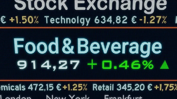 Food & Beverage sector, stock exchange trading floor. Stock market data, food and beverage prices and percentage changes. Stock exchange, business, trading. 3D illustration