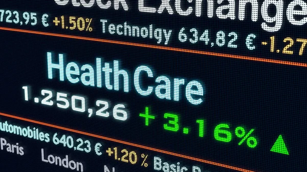 Health Care sector, stock exchange trading floor. Stock market data, health care price information and percentage. Stock exchange, business, trading concept. 3D illustration