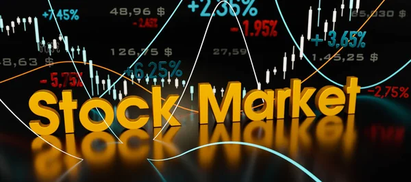 股票市场 百分比符号和股票市场的黄金字母 证券交易所 商业金融和工业 股票和投资 3D插图 — 图库照片
