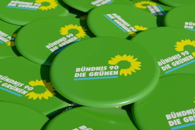 Buendnis 90 / Die Grnen - Alliance 90 / Yeşiller Partisi Almanya. Politika, kampanya düğmesi. Buendnis 90 / Die Gruenen, ekolojik eşitlik demokratik parti, Alman hükümetinin bir parçası..