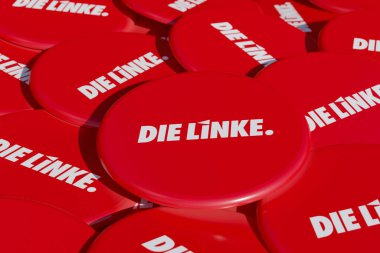 Die Linke - Almanya Siyasetinde Demokratik Sosyalist Parti, kampanya düğmesi. Die Linke, sosyal demokrat partiden ayrıldı, Alman hükümetinin bir parçası..