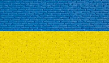 Duvarda Ukrayna ulusal renkleri var. Mavi ve sarı tuğlalı duvar Ukrayna 'nın ulusal renkleri. 3B illüstrasyon