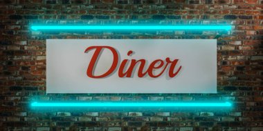 Açık neon ışığıyız. Turuncu neon ışıkla çerçevelenmiş beyaz panelli tuğla duvar ve metin, biz açığız. 3B Görüntü