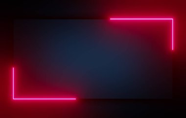 Kenarlarında kırmızı neon çizgiler var. Koyu mavi arka planda iki tane dik açılı kırmızı ışık. Çizgiler arasına kendi mesajınızı ya da metninizi ekleyin. 3B illüstrasyon.