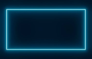 Mavi neon ışıklarda dikdörtgen. Mavi neon ışıklı dikdörtgen. Neon çizgiler arasına kendi metninizi ya da mesajınızı eklemek için şablon. 3B illüstrasyon