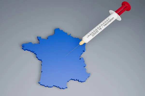 フランス コヴィット19ワクチン接種 コロナウイルスに対するワクチン接種のシンボルとして注射器を持つフランスの3D地図 Covid コロナウイルス デルタ オミクロン変異の概念 3Dイラスト — ストック写真