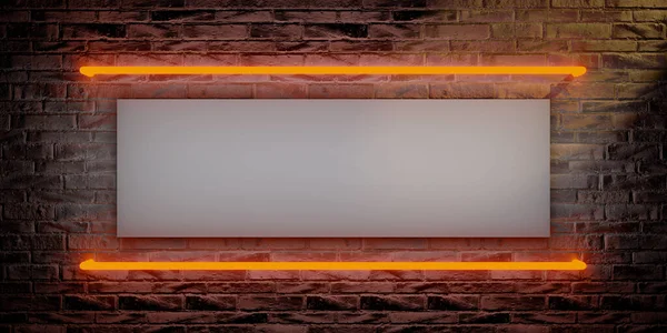 Orange neon tubes template. Old Brick wall with two horizontal orange neon tubes. Between the lights is space to add own text or information. 3D illustration.