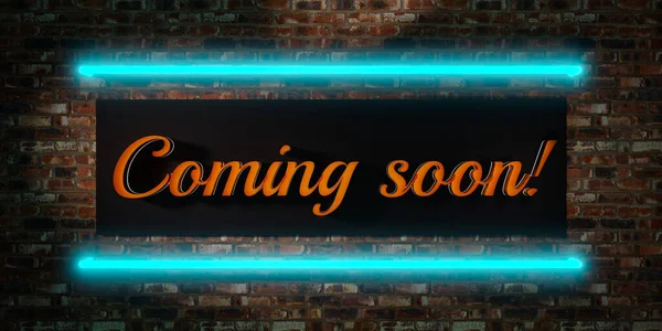Coming soon sign. Weathered red brick wall with black sign and blue neon tubes. Text in the middle, coming soon. 3D Illustration