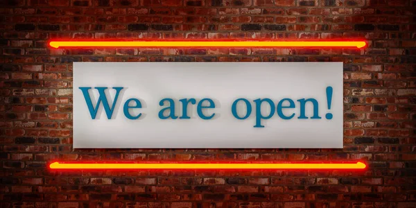 We are Open neon sign. Brick wall with a white board, framed by orange neon light and the text, We are Open. 3D Illustration