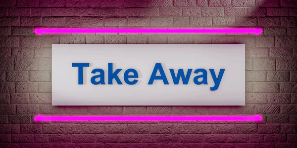 Take Away Sign Brick Wall White Board Framed Pink Neon — Stock Photo, Image