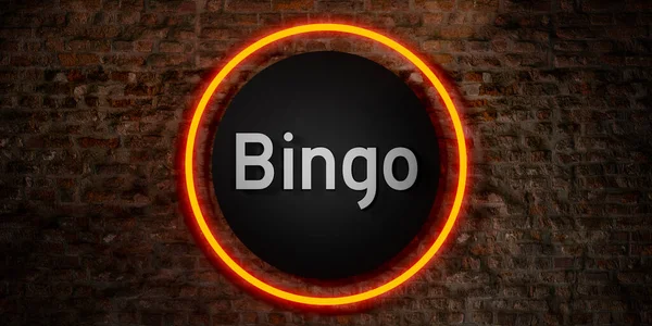 Bingo Sign Brick Wall Orange Neon Circle Black Sign Middle — Stock Photo, Image