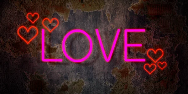 愛と心 ネオンサイン 紫色のネオンライトと赤いネオンの心に愛という言葉で風化塗装壁 3Dイラスト — ストック写真