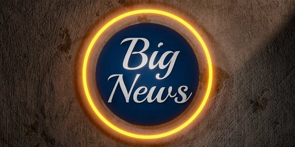 Big News. Banner on a painted wall with yellow neon circle. A black sign in the middle with the word Big News. 3D illustration