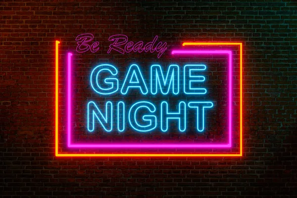 Game night, winning and loosing. The word bingo in blue neon letters. Brick wall, orange and pink neon tubes. Bingo. Casino, bet, game night and gambling. 3D illustration