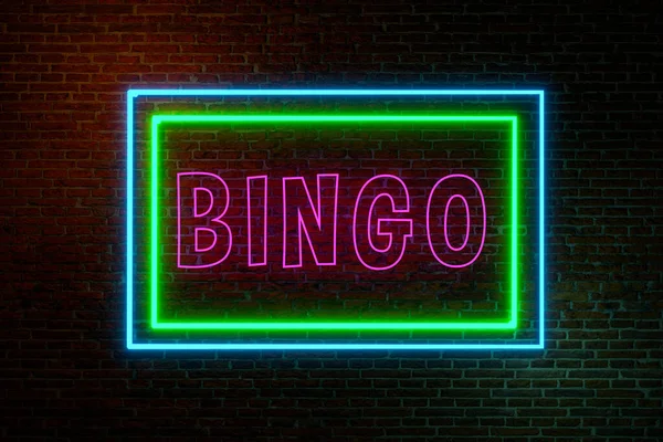 Bingo Wygrywa Przegrywa Słowo Bingo Fioletowych Neonach Ceglana Ściana Zielonymi — Zdjęcie stockowe