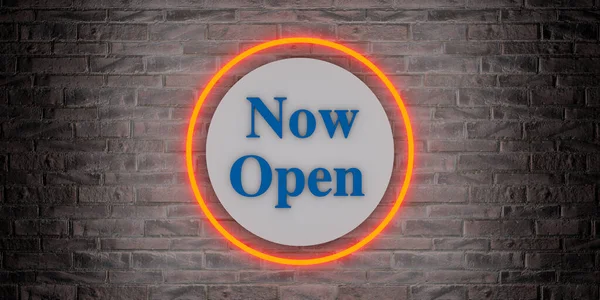 Teď Otevřete Banner Bílé Cihlové Zdi Oranžovým Neonovým Kruhem Bílý — Stock fotografie