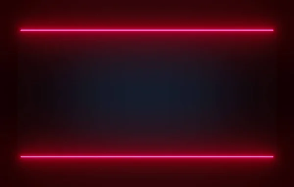 Red neon stripes. Red neon lights on dark blue background with lights on the edges. Add your own text or message between the stripes. 3D illustration.