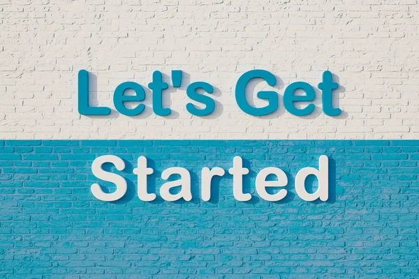 Let\'s get started. Colored capital letters against a white and blue brick wall. Message, speech and information concept. 3D illustration