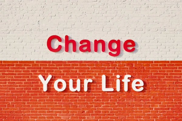 Change your life. Orange and white colored letter against the brick wall. New life, opportunity and inspiration concept. 3D illustration