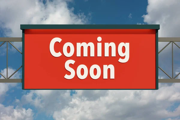 Coming soon, road sign. Highway board with blue sky and clouds and the text \