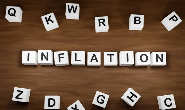 Infláció Magasabb Árak Fehér Kocka Sötét Nagybetűkkel Asztalon Gazdasági Üzleti — Stock Fotó