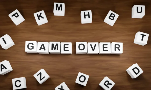 Game Over - You have lost. White dice with dark capital letters on a table. Challenge, competition and leisure games concept. 3D illustration