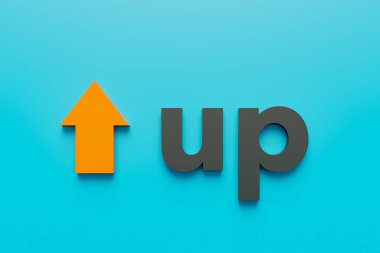 Yükseliyor. Yükseğe ve üste. Turuncu ok, mavi arka plan. Yön, yukarı, yukarı, yukarı ve uzun..