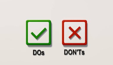 Dos and Don 't. Yeşil ve kırmızı kenarlı düğme, yeşil işaretli ve üstünde kırmızı haç var. Sembol beyaz arkaplanda izole edildi. İyi ya da kötü, doğru ya da yanlış. 3B illüstrasyon