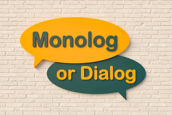 Monolog or Dialog? Cartoon speech bubble in yellow and dark green, brick wall. Monolog, dialog, discussion, conversation, chat, communication, forum, event, talking, opportunity, interview, business. 3D illustration