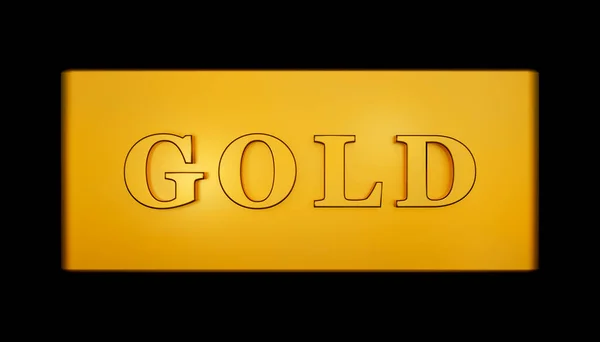 Gold sign. Close-up gold bar with the word gold on it, black background. Precious metal concept, 3D illustration.