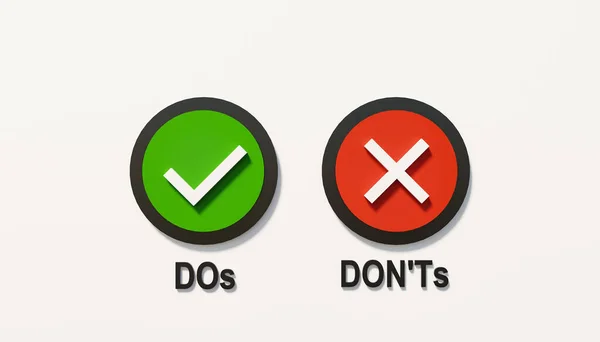 Dos and Don\'ts. Green button and red button with white check mark and cross. Symbol, design isolated on white background. Good or wrong behavior, right or not right. 3D illustration